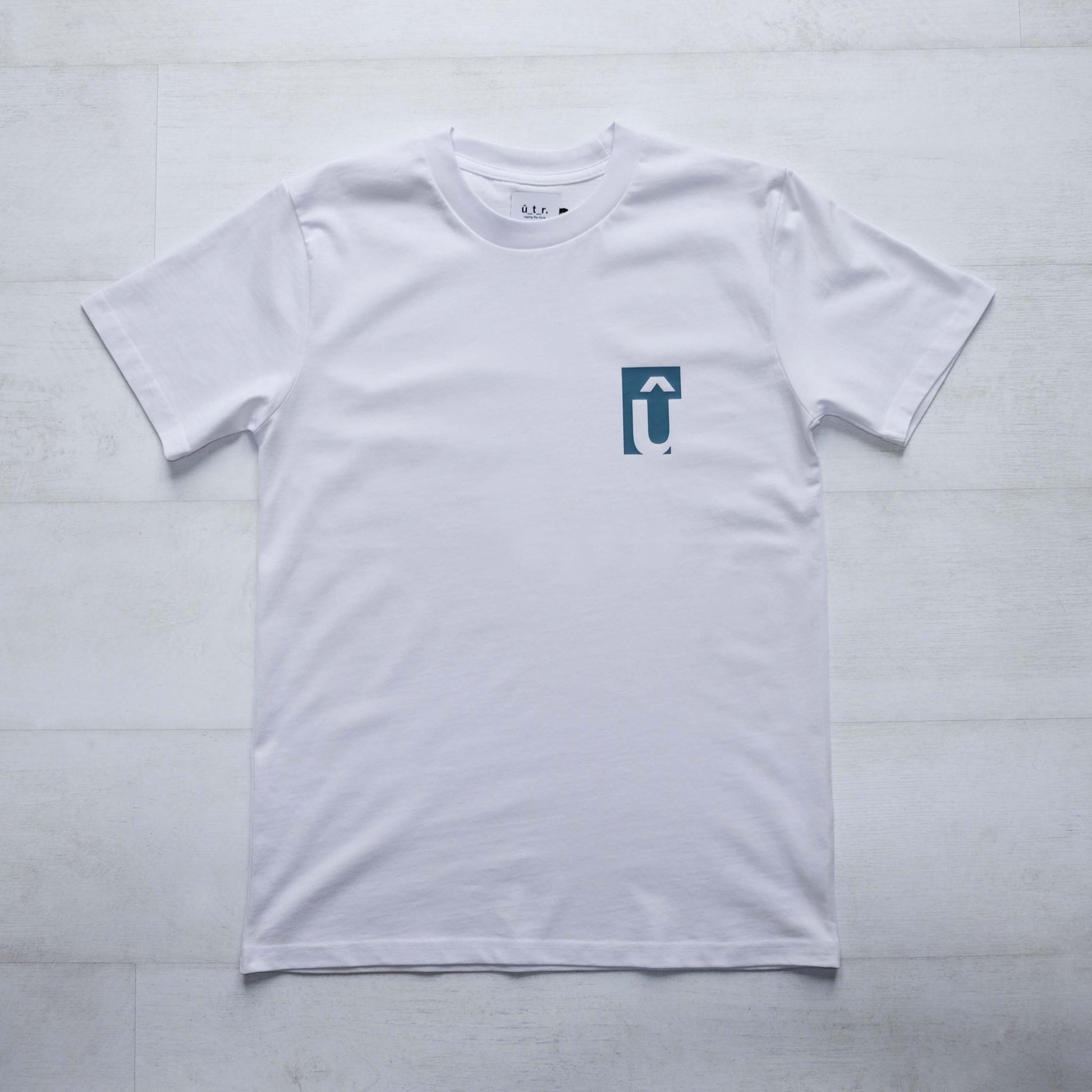 Front of negative space t-shirt with negative space pocket print û graphic in teal